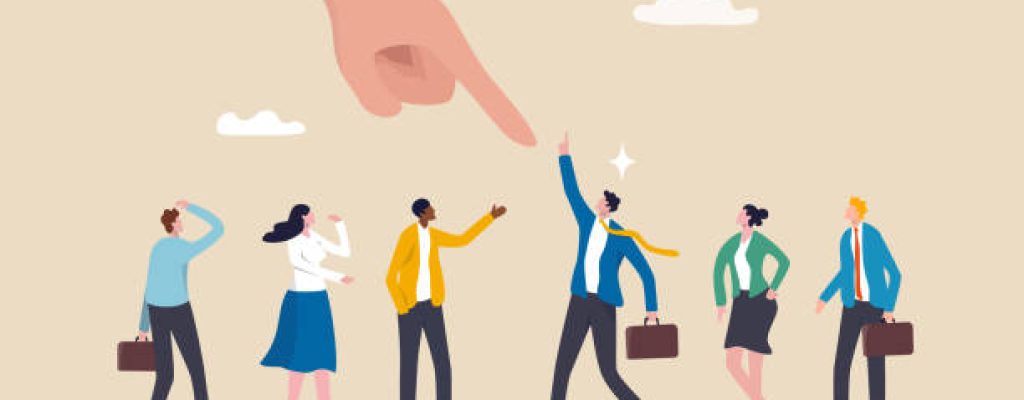 Choose candidate for job position, HR, human resources recruitment or hiring new employee, career opportunity or interview, talent or headhunter concept, businessman pointing at chosen candidate.